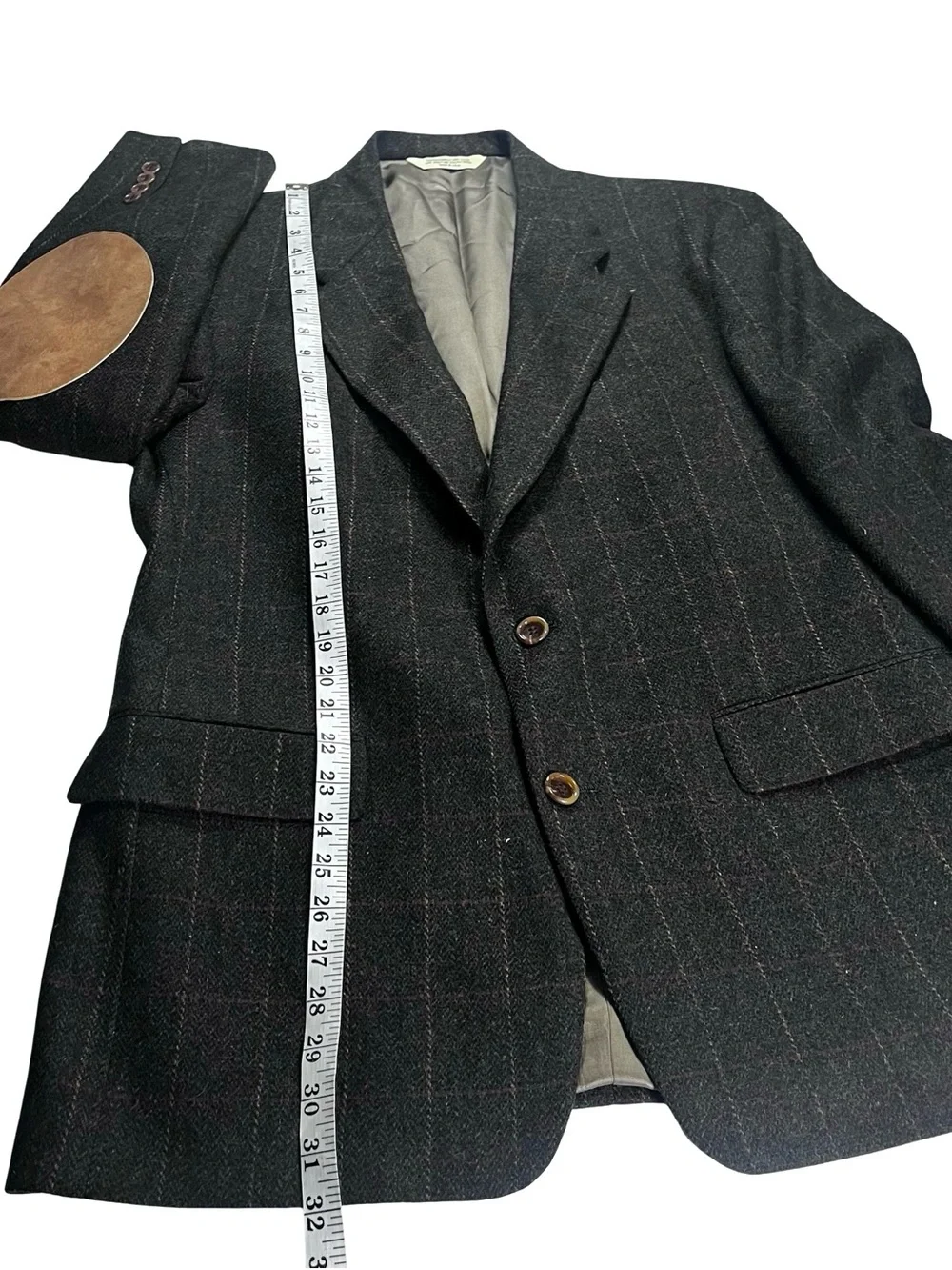 Evan Picone Men 100% Wool Suit Jacket Sports Coat Grey Plaid Elbow Patch Sz 40R